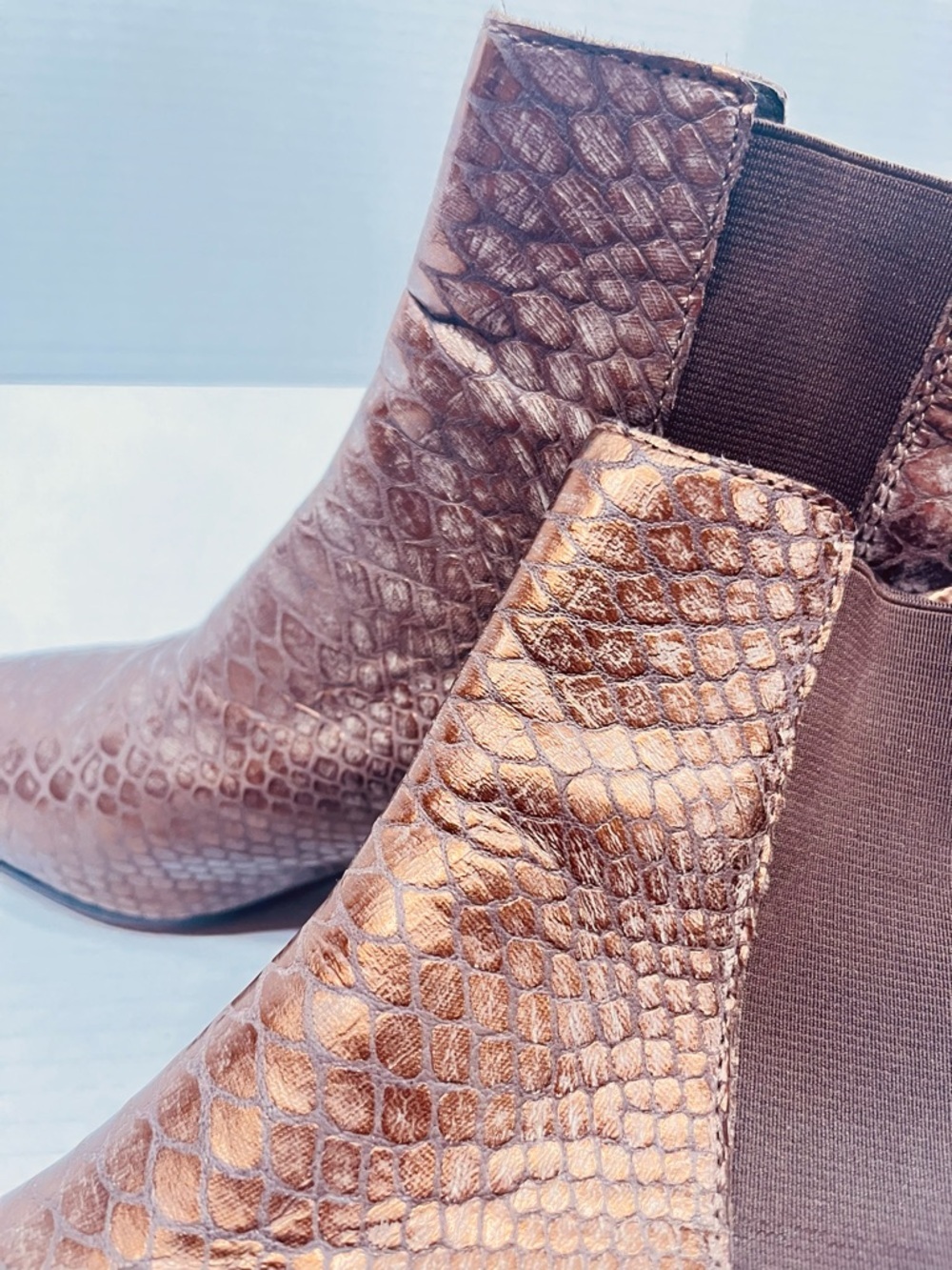 ASH Brown Metallic Snake-Embossed Pointed Leather Toe Chelsea Booties 37 - Picture 9 of 10